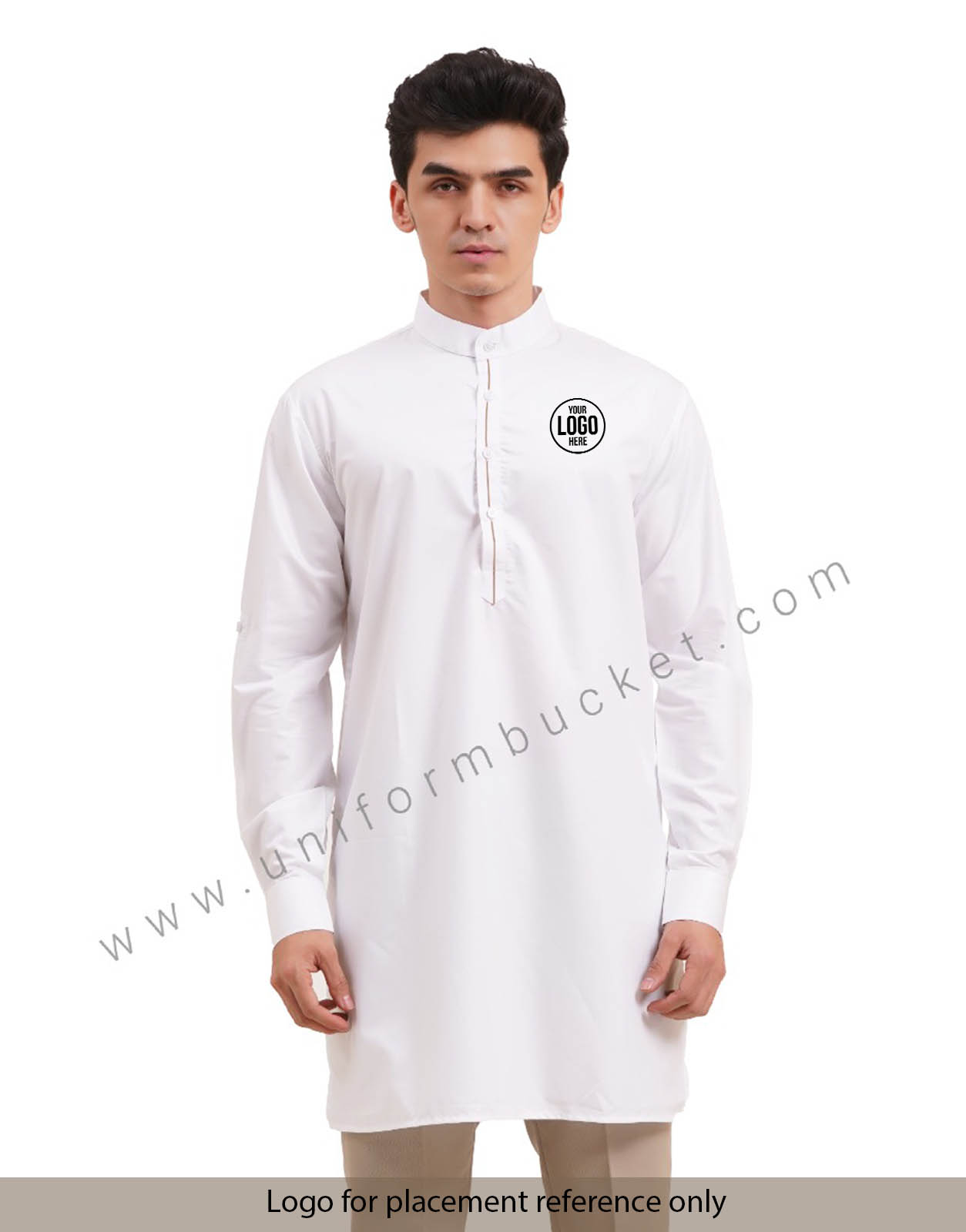 WHITE MALE LONG KURTI WITH BEIGE PIPING ON PLACKET view 1